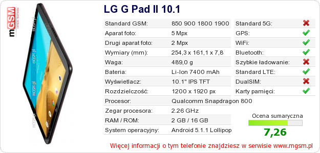 Dane telefonu LG G Pad II 10.1 Dane telefonu LG G Pad II 10.1