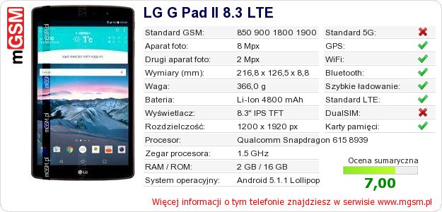 Dane telefonu LG G Pad II 8.3 LTE