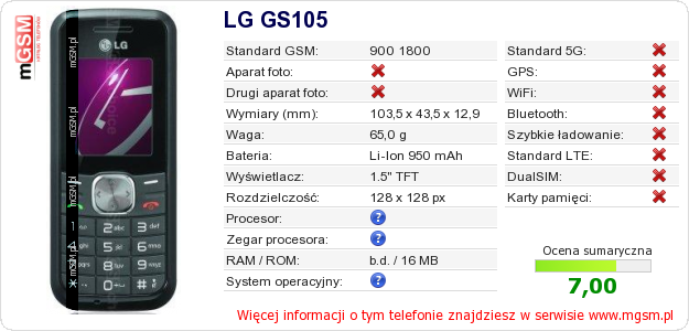 Dane telefonu LG GS105 Dane telefonu LG GS105