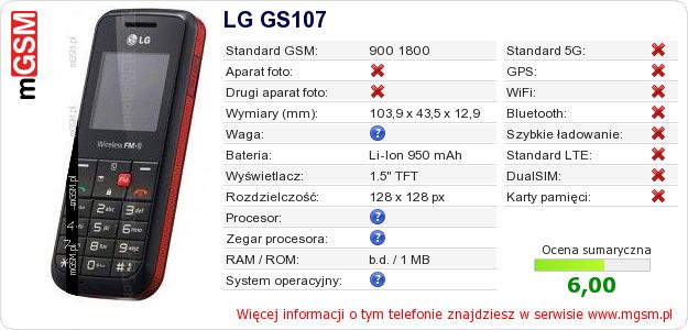 Dane telefonu LG GS107 Dane telefonu LG GS107