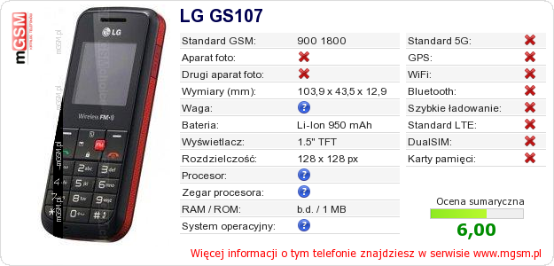 Dane telefonu LG GS107 Dane telefonu LG GS107
