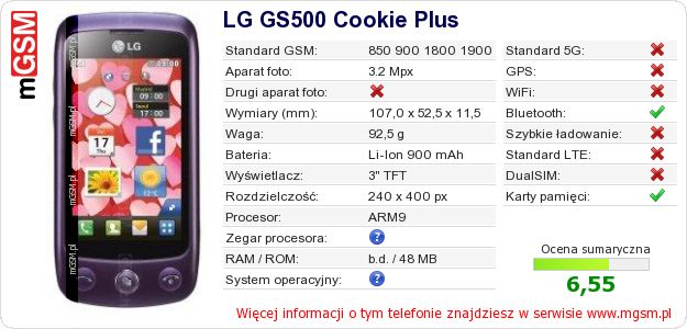 Dane telefonu LG GS500 Cookie Plus