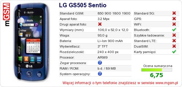 Dane telefonu LG GS505 Sentio Dane telefonu LG GS505 Sentio
