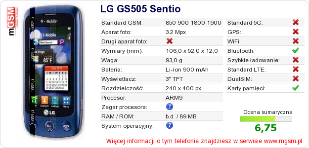Dane telefonu LG GS505 Sentio Dane telefonu LG GS505 Sentio