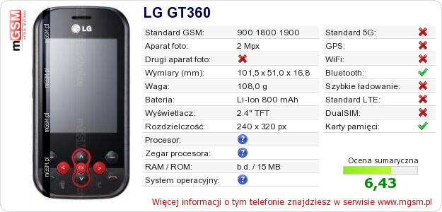 Dane telefonu LG GT360 Dane telefonu LG GT360