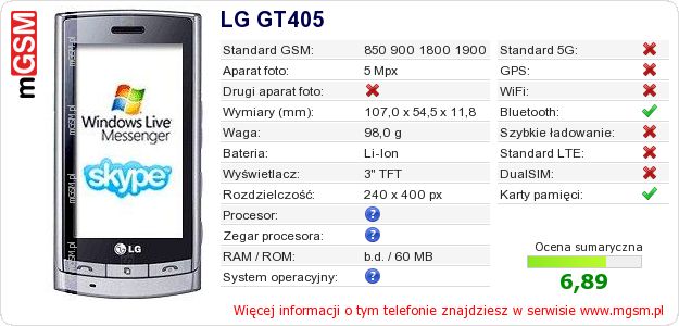 Dane telefonu LG GT405 Dane telefonu LG GT405