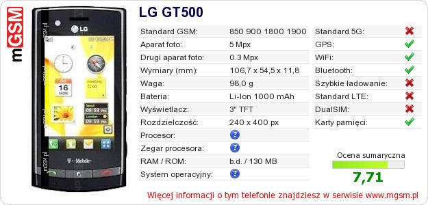 Dane telefonu LG GT500 Dane telefonu LG GT500