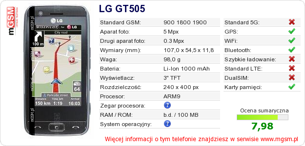 Dane telefonu LG GT505