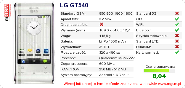 Dane telefonu LG GT540