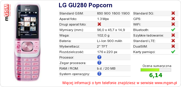 Dane telefonu LG GU280 Popcorn