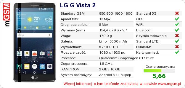 Dane telefonu LG G Vista 2