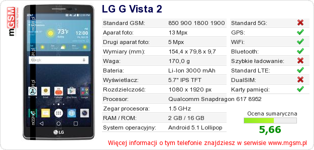 Dane telefonu LG G Vista 2