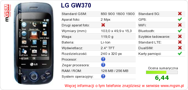 Dane telefonu LG GW370 Dane telefonu LG GW370