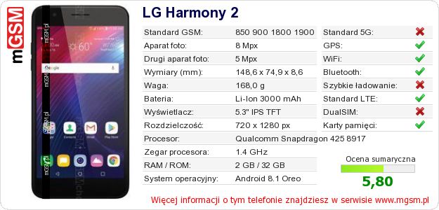 Dane telefonu LG Harmony 2