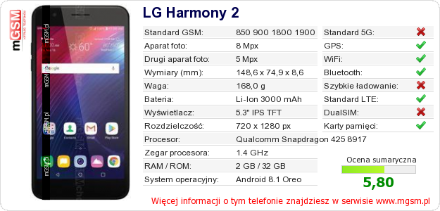 Dane telefonu LG Harmony 2