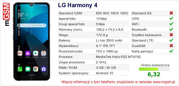 Dane telefonu LG Harmony 4