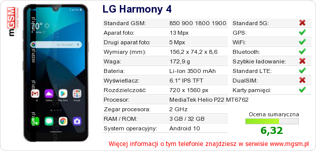 Dane telefonu LG Harmony 4