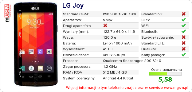 Dane telefonu LG Joy