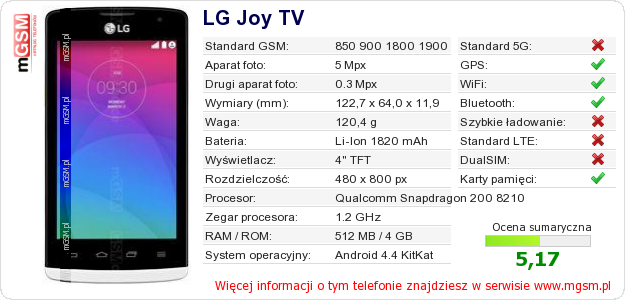 Dane telefonu LG Joy TV