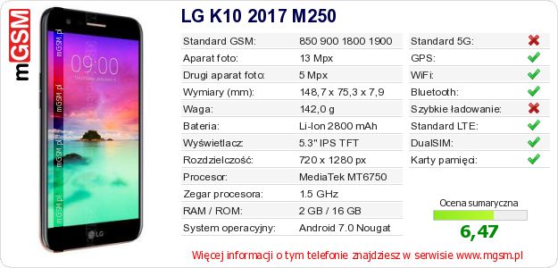 Dane telefonu LG K10 2017 M250