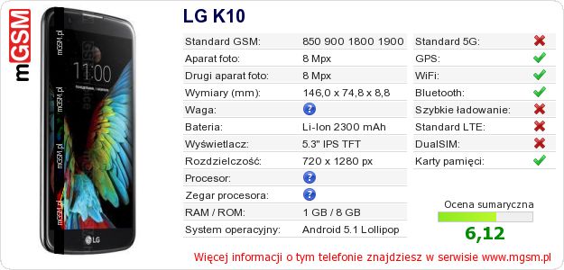 Dane telefonu LG K10