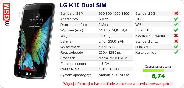 Dane telefonu LG K10 Dual SIM Dane telefonu LG K10 Dual SIM