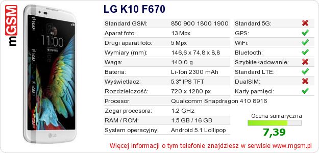 Dane telefonu LG K10 F670