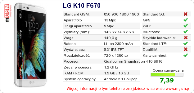 Dane telefonu LG K10 F670
