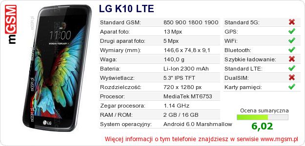 Dane telefonu LG K10 LTE