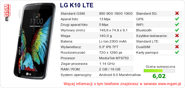 Dane telefonu LG K10 LTE