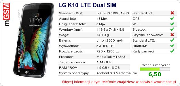 Dane telefonu LG K10 LTE Dual SIM