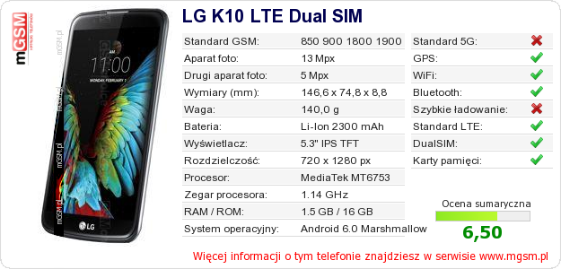 Dane telefonu LG K10 LTE Dual SIM