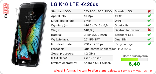 Dane telefonu LG K10 LTE K420ds
