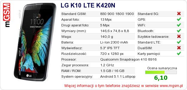 Dane telefonu LG K10 LTE K420N
