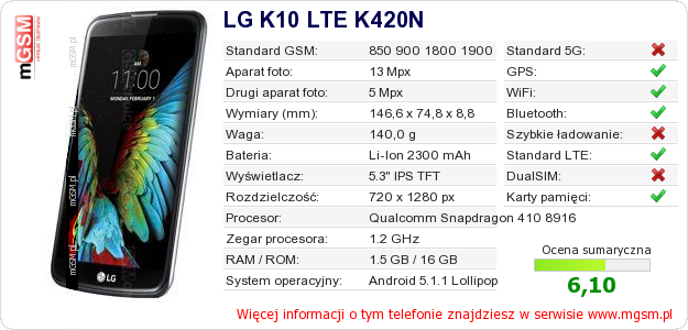 Dane telefonu LG K10 LTE K420N