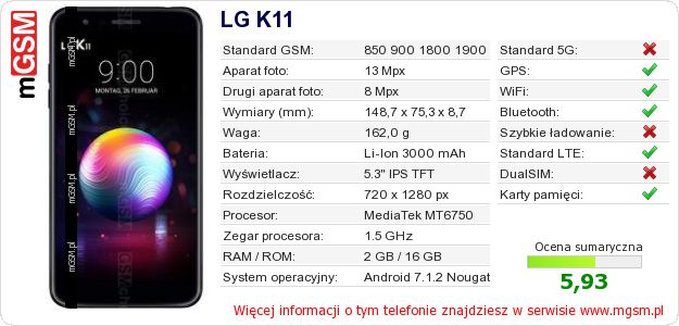 Dane telefonu LG K11