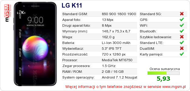 Dane telefonu LG K11