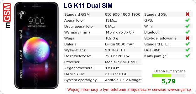 Dane telefonu LG K11 Dual SIM