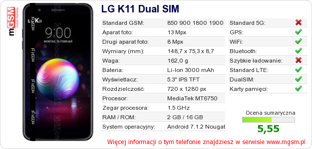 Dane telefonu LG K11 Dual SIM