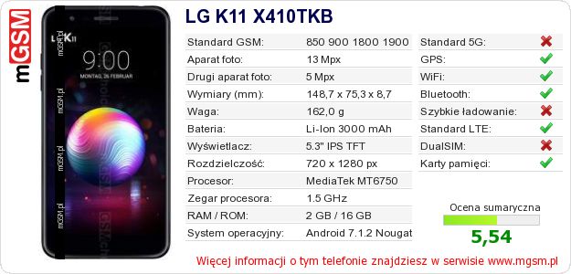 Dane telefonu LG K11 X410TKB