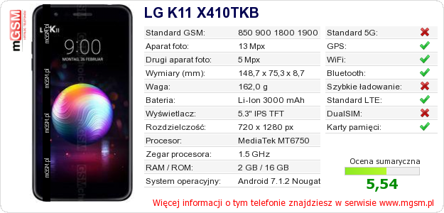 Dane telefonu LG K11 X410TKB