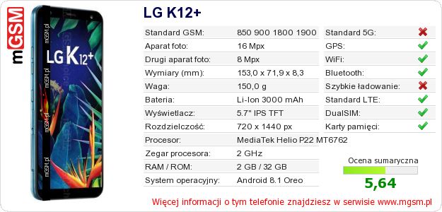 Dane telefonu LG K12+
