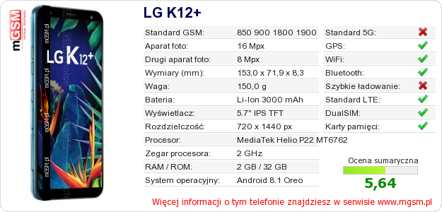 Dane telefonu LG K12+