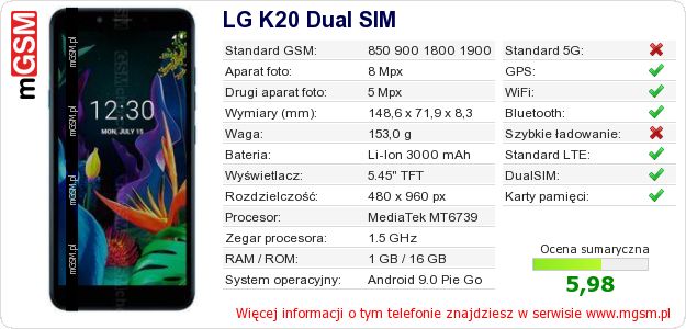 Dane telefonu LG K20 Dual SIM