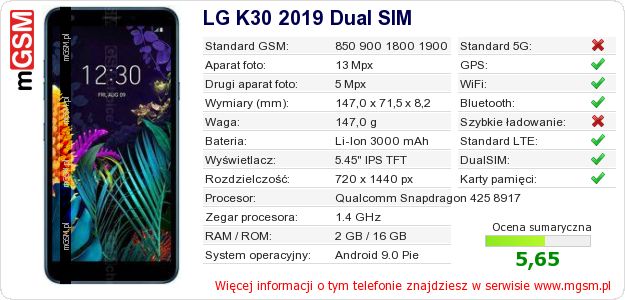 Dane telefonu LG K30 2019 Dual SIM