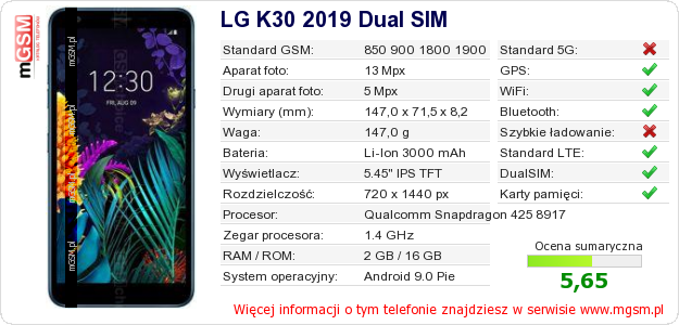 Dane telefonu LG K30 2019 Dual SIM
