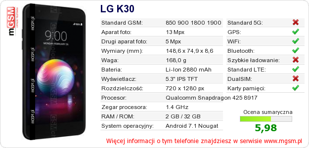 Dane telefonu LG K30