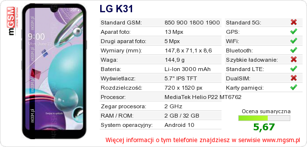 Dane telefonu LG K31