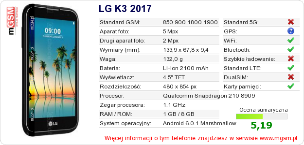 Dane telefonu LG K3 2017