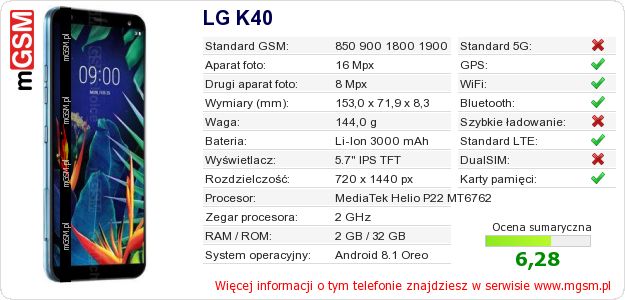 Dane telefonu LG K40